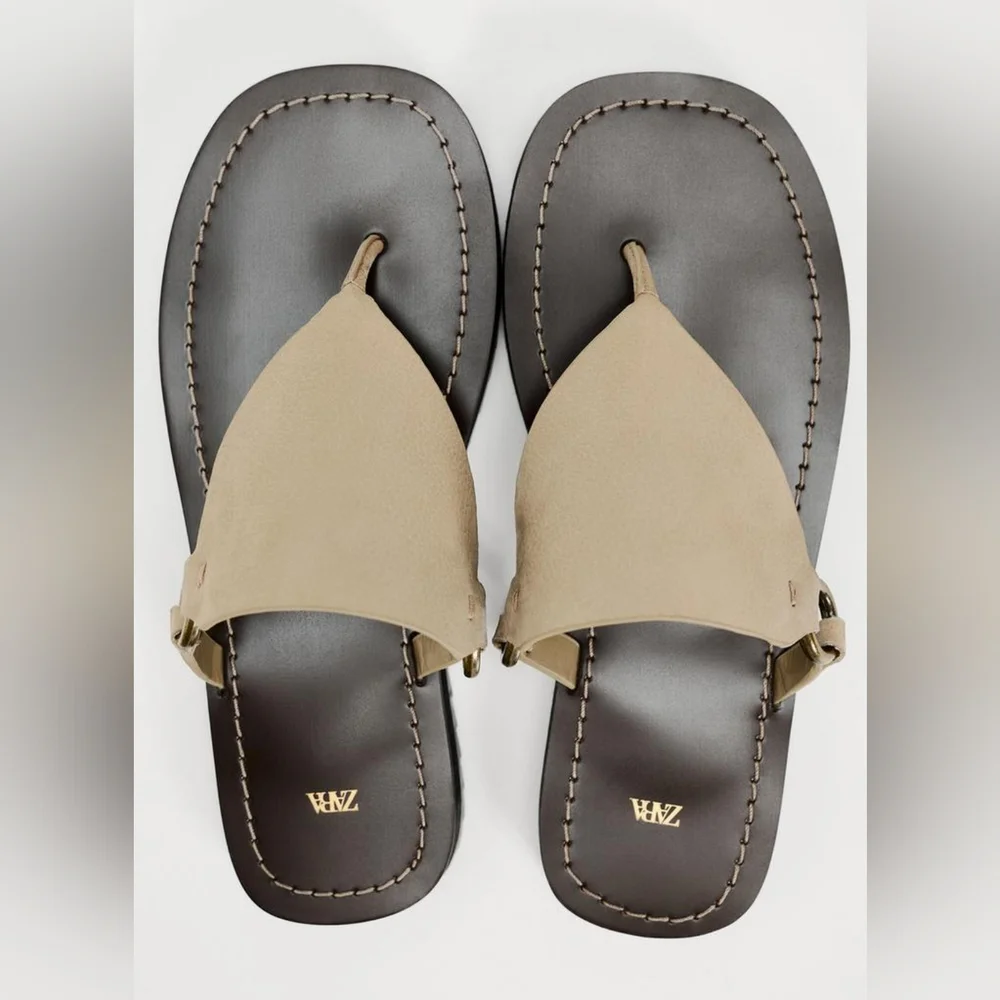 Zara Flat Leather Sandals NWT - Picture 5 of 6